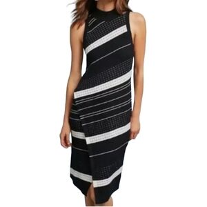 MOTH Midi Knit Dress Velda Asymmetric Stripe MockNeck Black Cutaway Women Medium